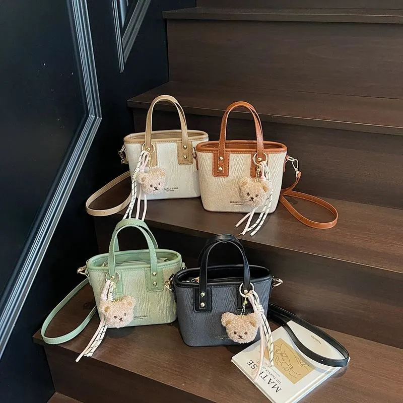 Cute Mini Tote Bag with Bear Charm – Stylish Compact Handbag for Everyday Use